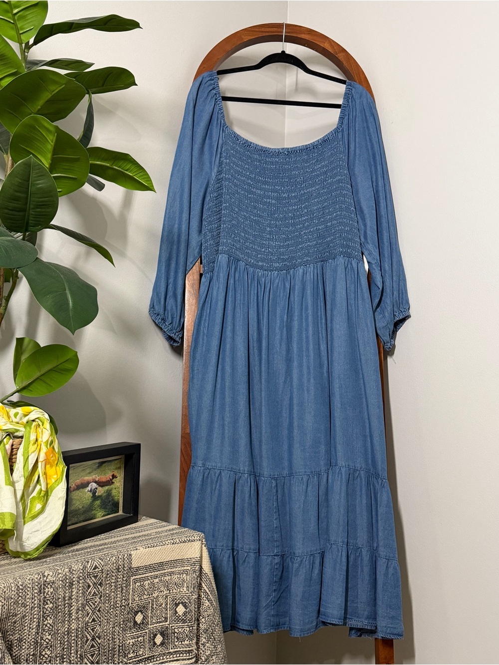 Terra & Sky 4X Blue Chambray 100% Lyocell Smocked Midi Maxi Dress NEW